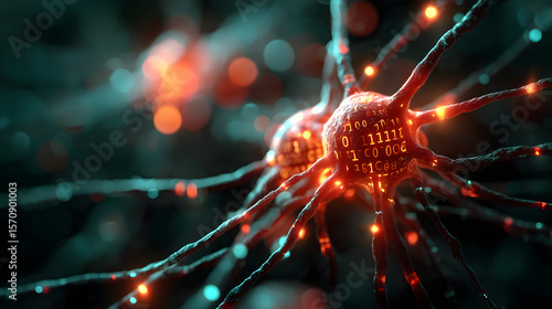 AI brain concept with glowing synapses and binary code overlay, abstract fusion of biology and tech, cinematic depth, UHD detail