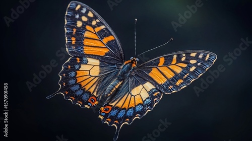 Beautiful butterfly in flight against dark background