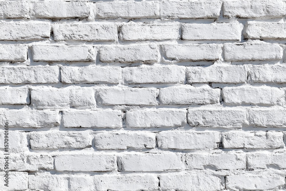 Fototapeta premium Whitewashed brick wall texture, showcasing rectangular bricks in a running bond pattern, with slight variations in color and mortar showing