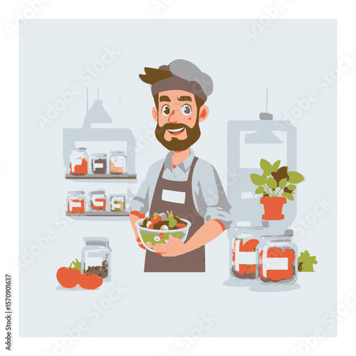 Cheerful Cartoon Chef Holding Salad Bowl in Modern Kitchen Setting