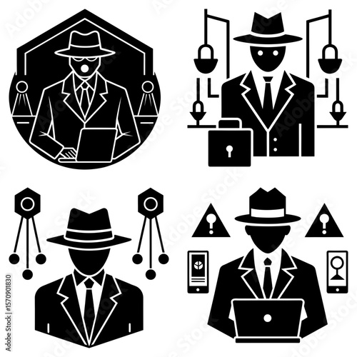 Four stylized icons depicting spies or hackers with hats and technology in black and white style