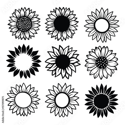 Sunflower Bundle, Black and White Sunflower Clipart, Floral Silhouette Cut File, Sunflower Vector Set