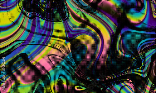 Twisted grainy gradient abstract halftone background, color blending effect, aesthetic texture. Halftone retro grunge effect. Dark psychedelic vector background