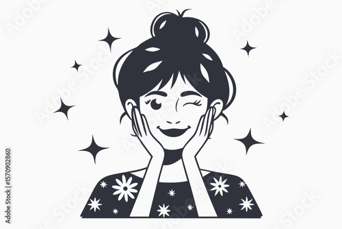Cute girl with floral shirt and her hair in a bun is winking