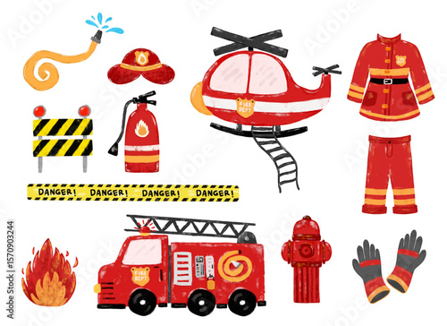 Cute set collections of red hand drawn fireman firefighter fire engine suit jacket uniform safety worker element doodle kids cartoon illustration crayon watercolour vector clipart