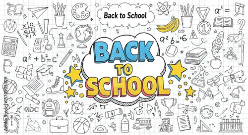 Back to school doodle illustration with school supplies and education elements on white background vector design