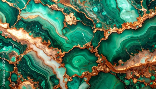 An abstract green malachite stone background with swirls and golden accents creates a luxurious and opulent texture, reminiscent of elegant natural formations.