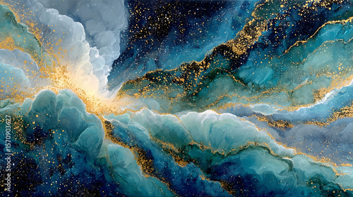 Fototapeta Naklejka Na Ścianę i Meble -  Cosmic-themed abstract art depicting a dramatic explosion of celestial blue and gold nebula hues in deep space