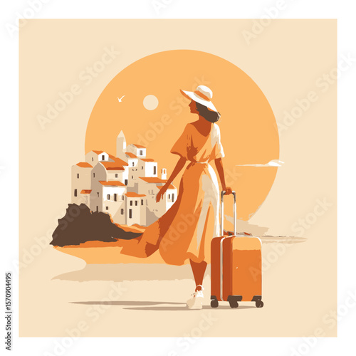 Elegant Woman in Dress with Suitcase Against Sunset Cityscape Background