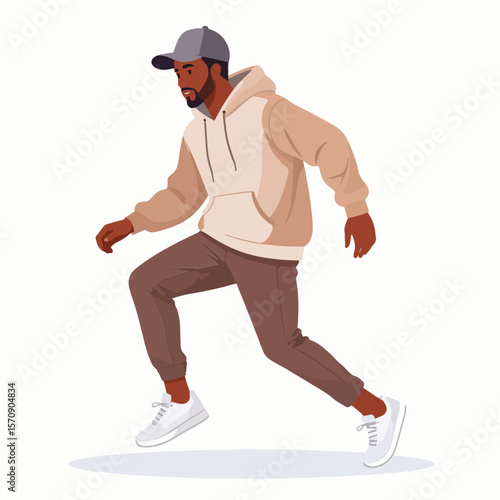 Illustrated vector of a stylish Black man in a hoodie, baseball cap, and sneakers running or leaping, conveying motion and energy against a clean white background.