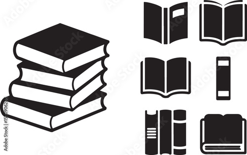 Collection of Book Icons for Educational Resources Depicting Different Book Styles and Stacks in Black and White