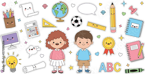 Back to school kawaii sticker set with cute kids and school supplies for education and learning design