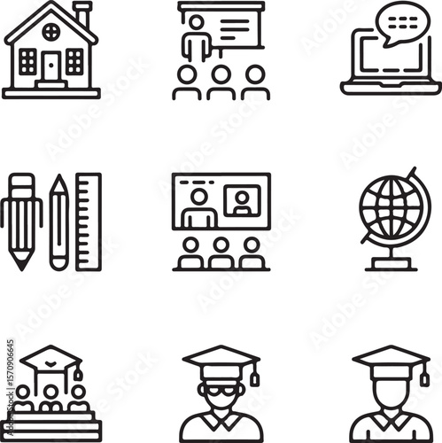 Educational Icons Depicting Home Learning, Classroom Settings, and Academic Achievement in a Minimalist Black and White Style