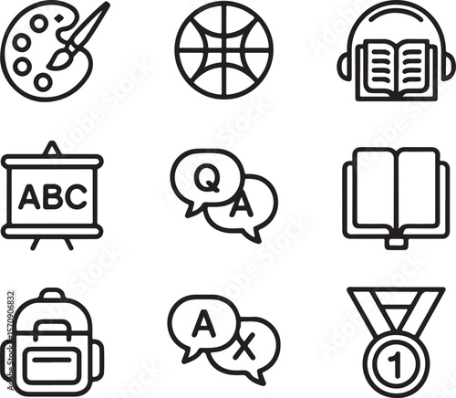 Assorted Education and Achievement Icons Representing Learning, Creativity, Communication and Success in Various Fields of Study and Competition