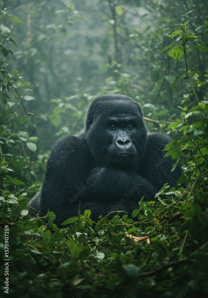 Naklejka premium Majestic Mountain Gorilla in Lush Rainforest Habitat