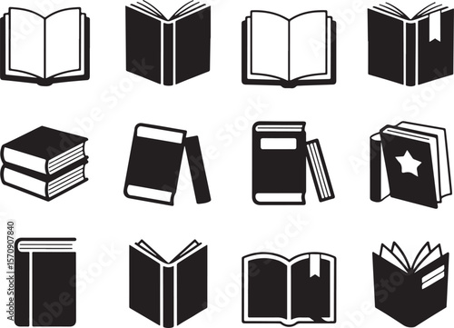 Collection of Book Icons Diverse Depictions of Bound Texts for Academic and Literary Visual Representations Perfect for Educational Designs