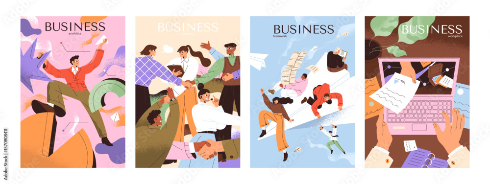 Obraz premium Set of posters with business concept. Employees are coworking. Workflow of businessmen, processes of office work: getting offer, teamwork, analysis, management, deadlines. Flat vector illustrations