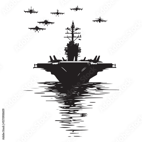 Aircraft carrier Silhouette, Black and white illustration of a warship, Military Aircraft Carrier Silhouette Vector, 