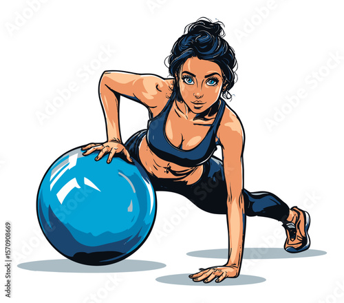Fitness Woman Doing Exercise with a Blue Ball in a Vector Style Illustration
