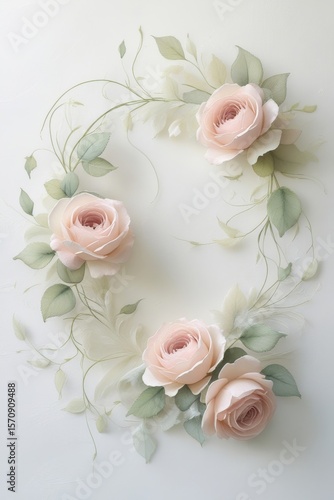 Elegant Pink Rose Wreath on White Background, Floral Design, Spring Season