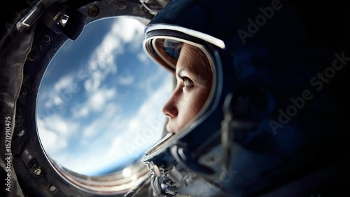 Woman astronaut looks out from space station window at the Earth below. Captivating view from a space vessel. She seems thoughtful.