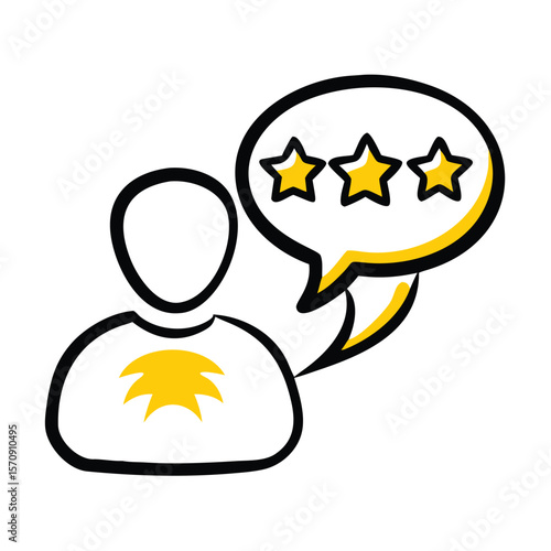 A customer review with stars isolated on white background gives feedback