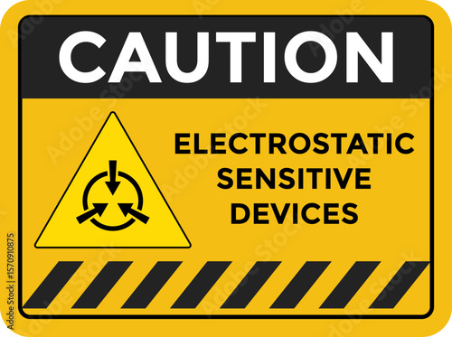 Caution Electrostatic Sensitive Devices. Warning yellow triangle signs. Caution for ESD equipment. safety signs and symbols. Electricity Symbols
