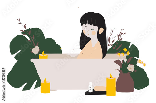 Tranquil Woman Relaxing in Bathtub Surrounded by Plants and Candles
