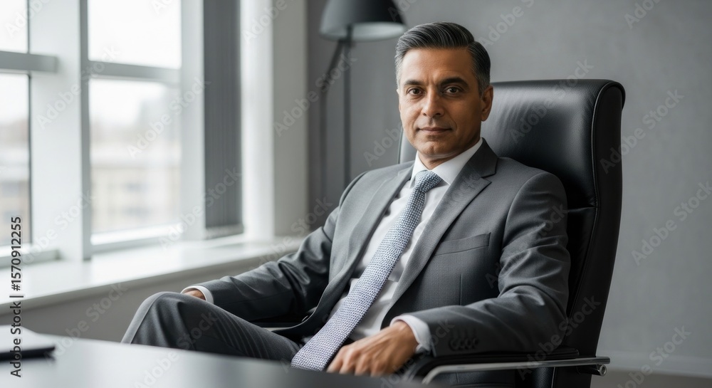 Confident Businessman Sitting in Office Chair Portrait of Success and Professionalism Confident Businessman Sitting in Office Chair Portrait of Success and Professionalism