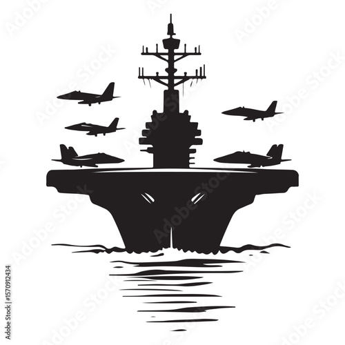 Aircraft carrier Silhouette, Black and white illustration of a warship, Military Aircraft Carrier Silhouette Vector, 