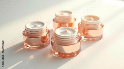 Luxurious blank cosmetic containers under a soft light against a pristine white backdrop. 