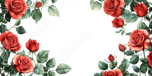 postcard with frame of small red roses with leaves for holiday decoration on white background, with free space for text in the center, without text, vector illustration.