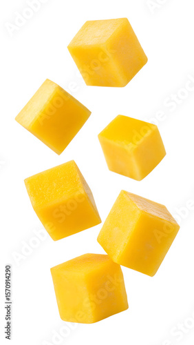 Fotografi Falling Mango cube isolated on transparent background