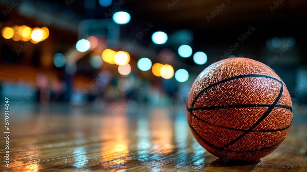 A close-up of a basketball resting on a wooden court, with bright lights reflecting off its textured surface and the polished floor in the background A close-up of a basketball resting on a wooden court, with bright lights reflecting off its textured surface and the polished floor in the background