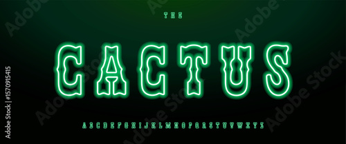 Green neon alphabet, western glowing letters, vintage latin font for fiesta logo, Texas sign, party headline, carnival banner, Mexican nightlife, luminous gambling typographic design. Vector typeset