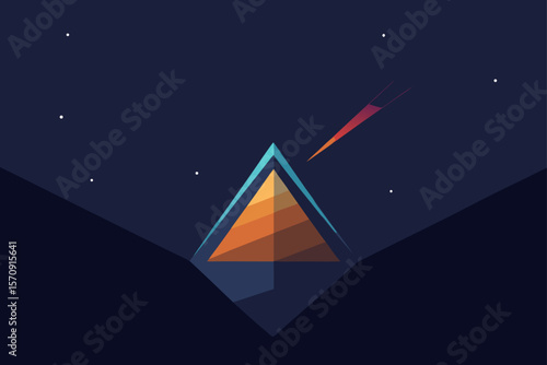 Cosmic Pyramid Night Sky, Mountain Peak, Starry Night, Geometric Art