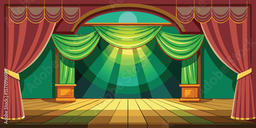 Ornate theater stage with green and red curtains vector
