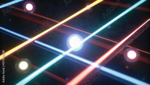 A vibrant, abstract pattern of glowing neon light lines creates a bright, energetic design with a futuristic feel