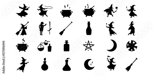 Witchcraft, Potions, Broomsticks, and Moons A Collection of Halloween-Themed Silhouettes, Icons, and Graphics for Spooky Designs
