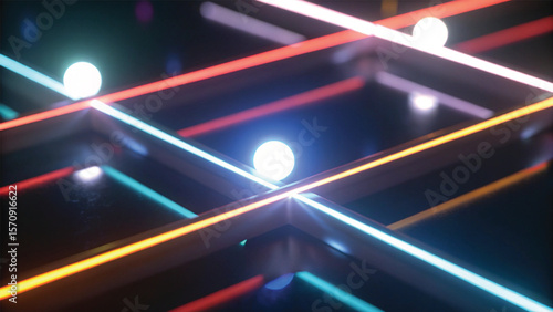 A vibrant, abstract pattern of glowing neon light lines creates a bright, energetic design with a futuristic feel