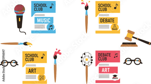 School clubs vector illustration featuring music debate and art clubs for educational activities design
