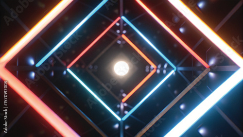 A vibrant, abstract pattern of glowing neon light lines creates a bright, energetic design with a futuristic feel