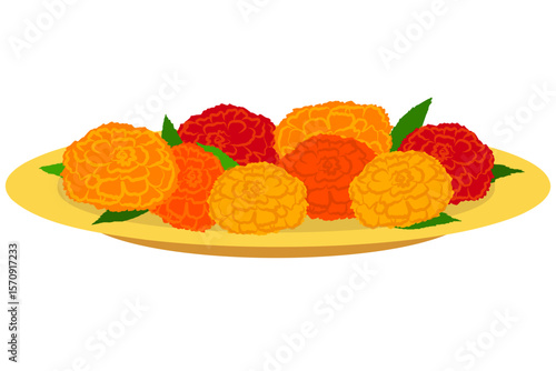 A plate of Marigold Flowers garland, marigold garland for Puja, puja Thali, Genda Phool, Indian God and Goddess flowers, Puja flowers, yellow and orange Marigold flowers garland