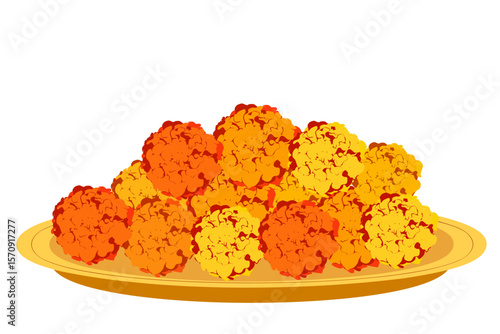 A plate of yellow and orange Marigold Flowers garland, marigold garland for Puja, puja Thali, Genda Phool, Indian God and Goddess flowers, Puja flowers, yellow and orange Marigold flowers garland