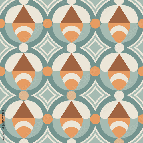Beautifully crafted retro style abstract geometric pattern composed with rounded shapes in a repeating design