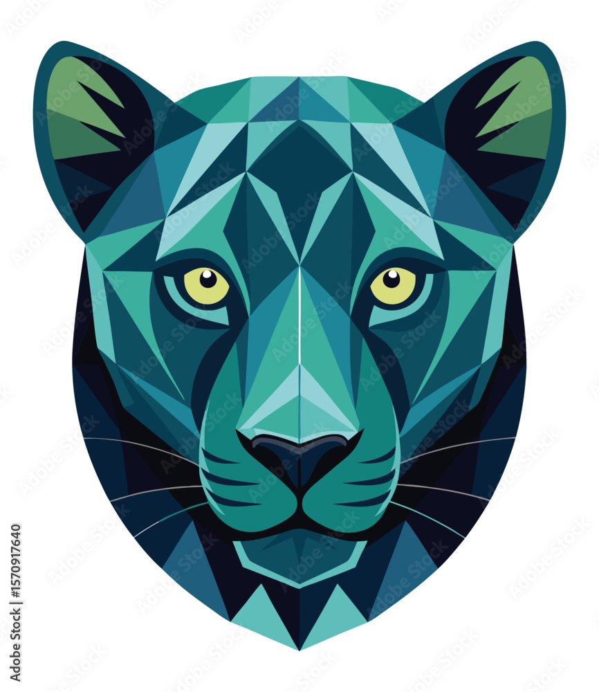 Fototapeta premium Geometric Teal Panther Face with Yellow Eyes.