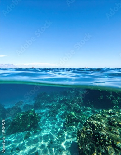 pristine blue sea with half submerged underwater, showcasing a tranquil balance between the clear sky above and the aquatic world below