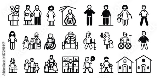 Inclusive Community Icons: Parents, Children, Elderly, Disabled People, Families, Caregivers, Individuals, Walkers, Wheelchairs, Strollers, Hospitals, Schools, Balloons, Crutches, Homes, and More