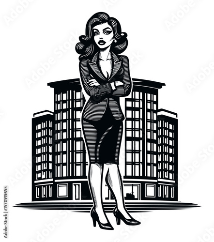 Confident Businesswoman Standing Before Modern Office Building Illustration