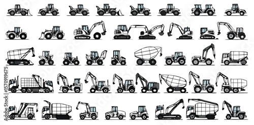 Construction and Heavy Machinery Icons: Tractors, Excavators, Loaders, Bulldozers, Dump Trucks, Cement Mixers, Graders, Forklifts, Cranes, Backhoes, Skid Steers, and Earthmovers illustrations.